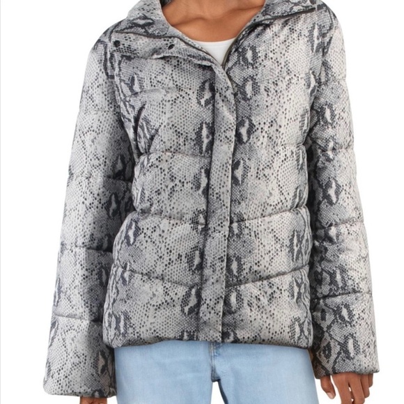Betsey Johnson Quilted Puffer Jacket in Gray Black Python Snake Print Sz. S - Picture 1 of 13